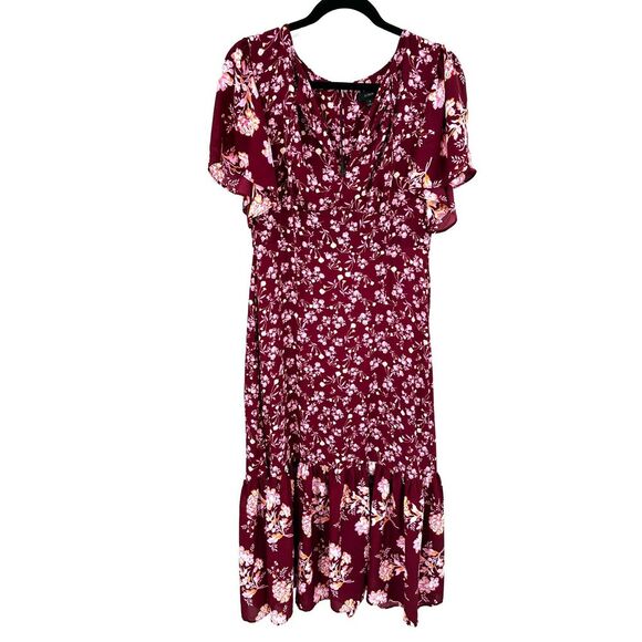 J. CREW Burgundy Pink Floral Flutter Sleeve Tiered Cottagecore Boho Maxi Dress 8 - Picture 1 of 8